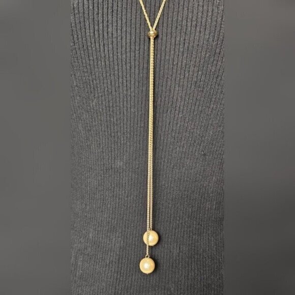 Faux Pearl Gold Tone Lariat Necklace Adjustable - Picture 3 of 6
